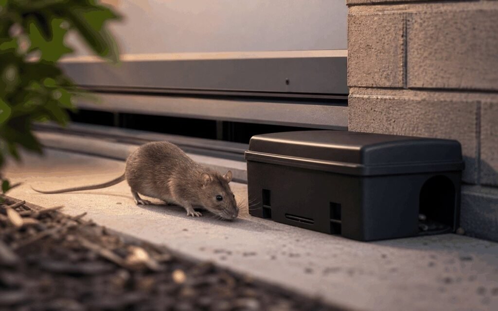 Rodent bait station by a home exterior